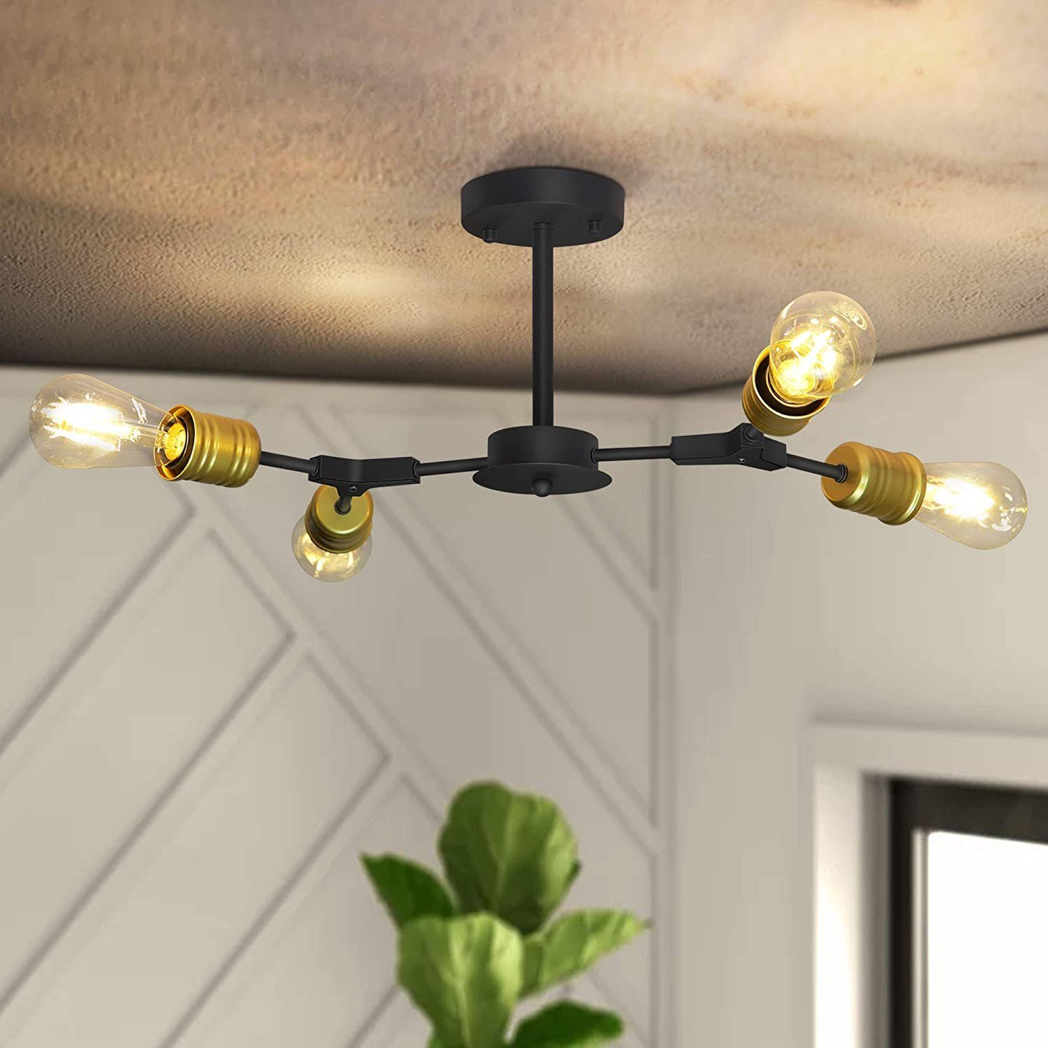 ZMH Lampa sufitowa w stylu vintage czarna retro E27 4 żarówki lampa do przedpokoju industrialna metalowa rustykalna lampa do sypialni lampa kuchenna