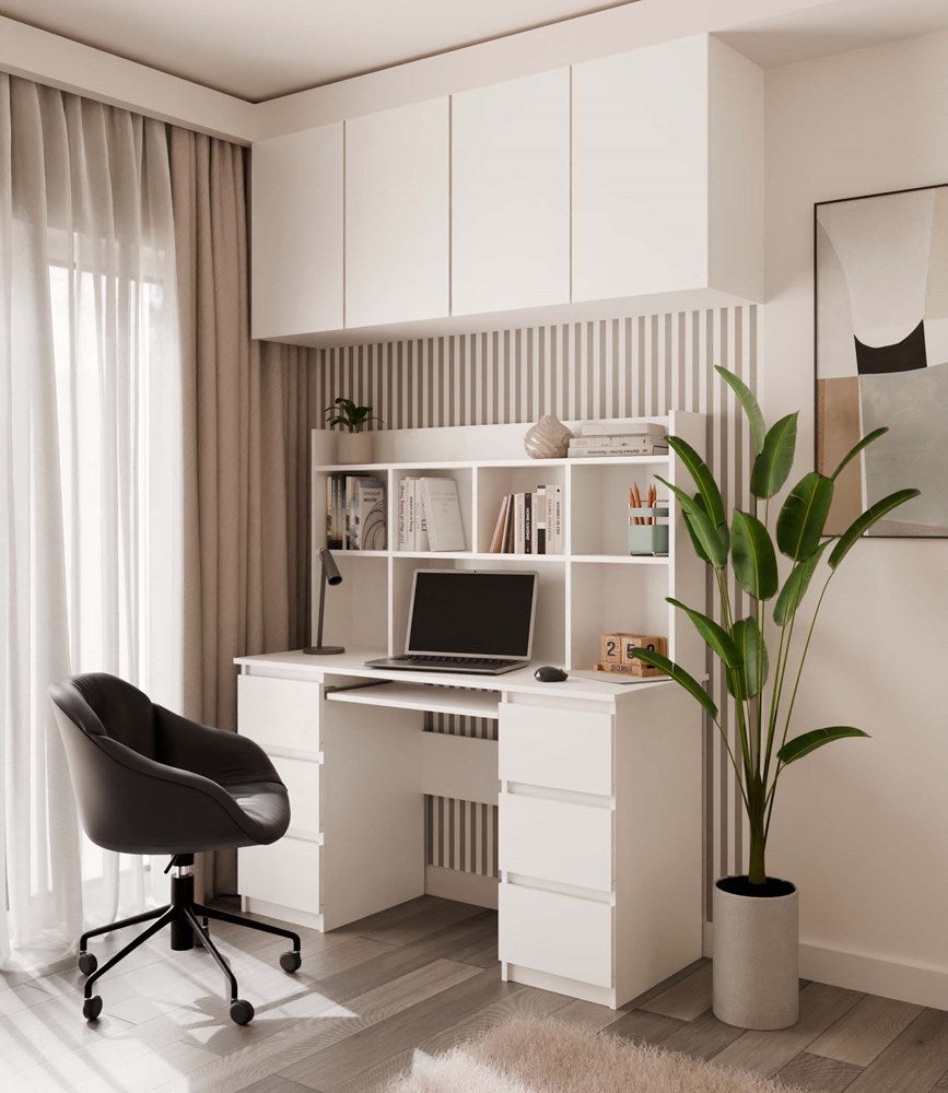 KUBA - Bureau avec étagère supérieure - blanc mat - 6 tiroirs & rangements - 2