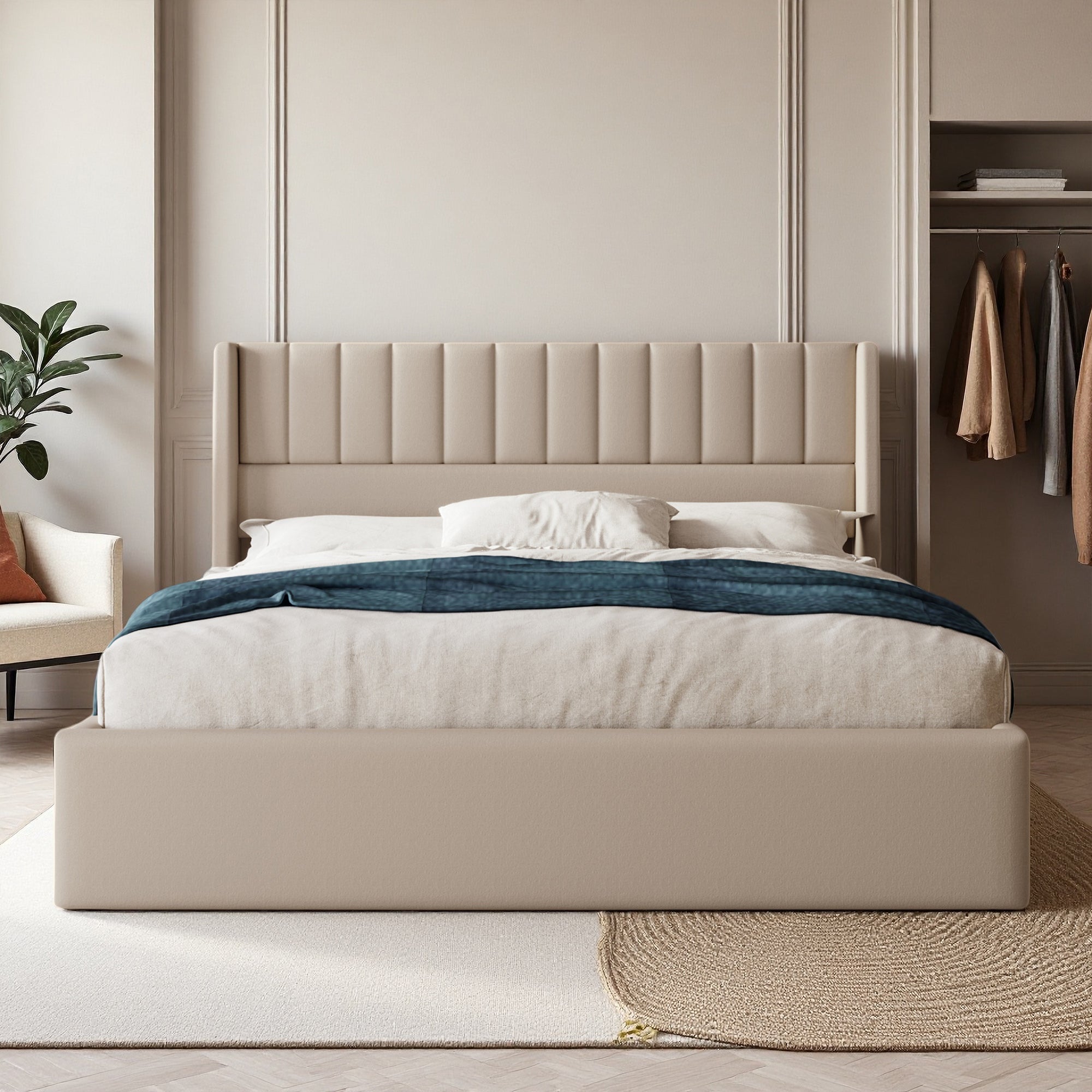 Lit coffre 160x200 cm avec hydraulique, cadre de lit double avec sommier à lattes, lit adulte, tissu en lin, 160x200 cm, beige - 4
