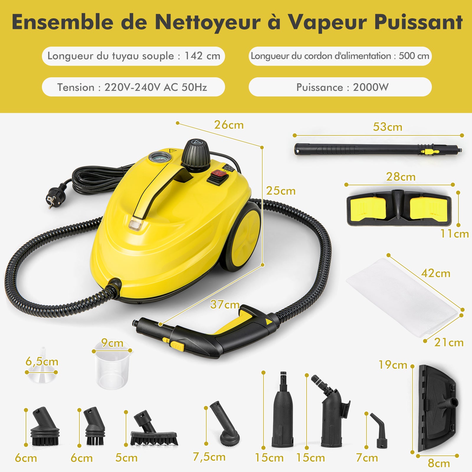 Nettoyeur Vapeur Polyvalent de 2000W avec 15 Accessoires et Manomètres, Balai Vapeur à Roulettes 5 Bars avec Réservoir de 1,8 L, Jaune - 9
