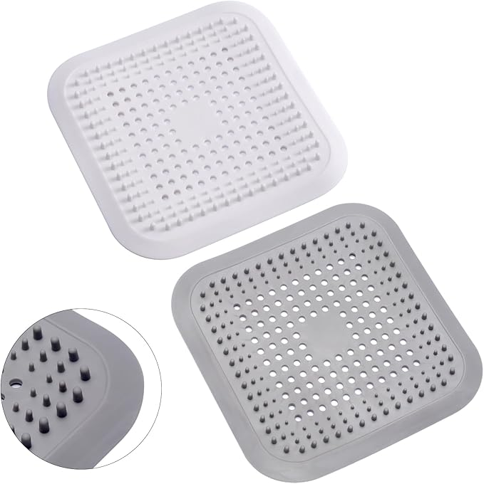 Zestaw 2 silikonowych sit łazienkowych do włosów z przyssawką, osłona odpływu zlewu, filtr do włosów (biały + szary 14,5*14,5 cm)
