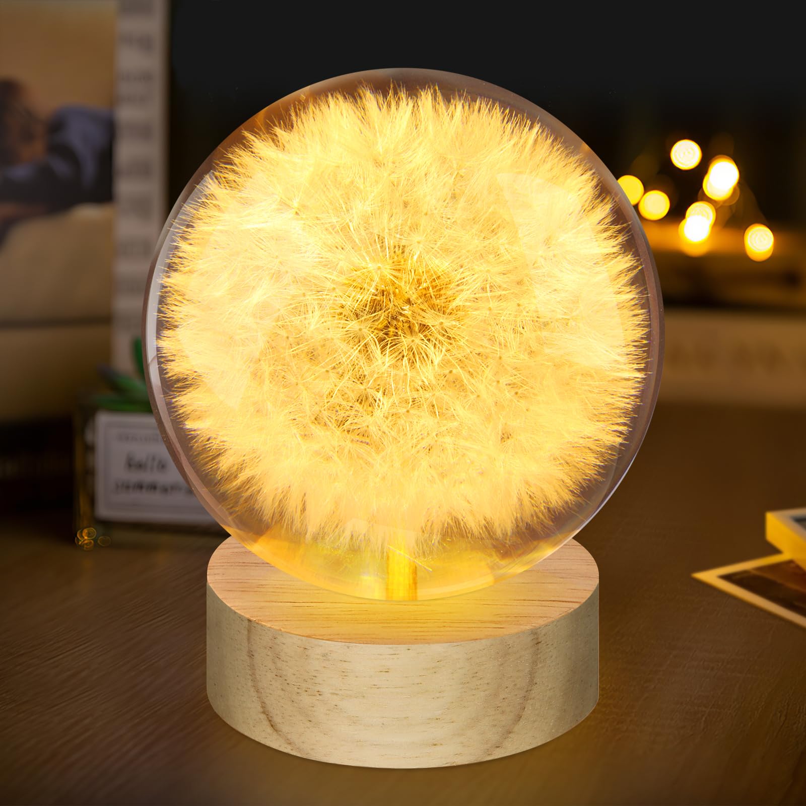 Lampada Notturna A Sfera Di Cristallo 3D Con Base In Legno - 6cm, Incisione Interna, Luce LED USB Per Camera Da Letto - 2