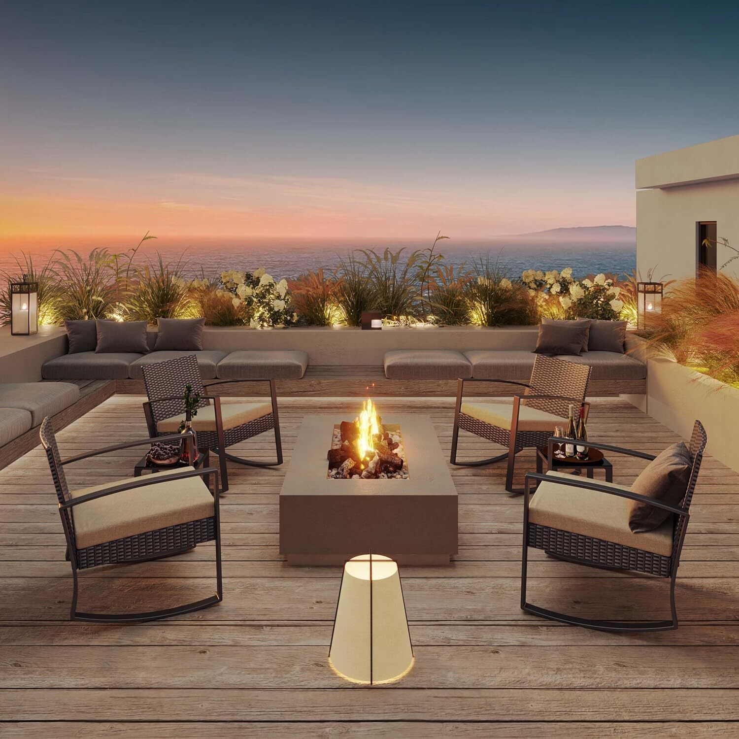 Conjunto de Jardim Bealife 2 Lugares, Cadeira Balançante de Aço com Colchonete, Mesa de Vidro Temperado, Exterior Bege - 2