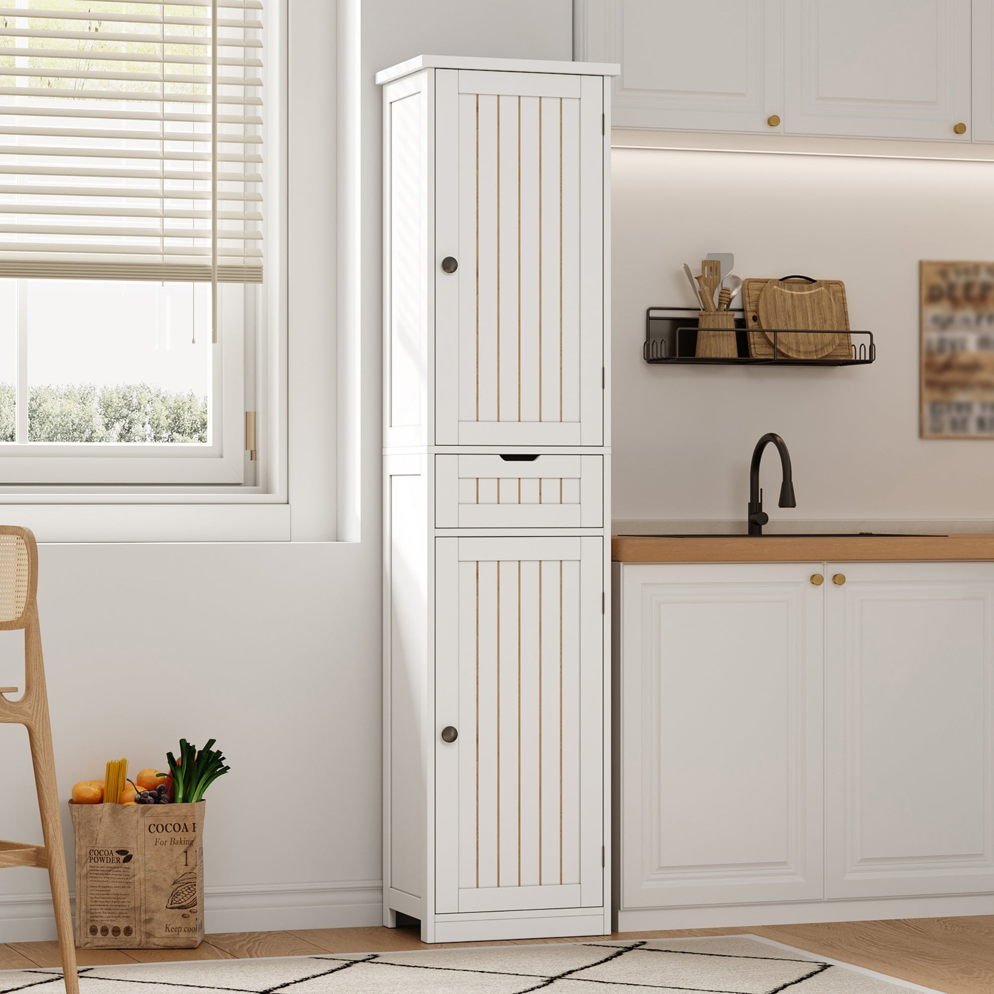 Colonne de rangement avec 2 portes, 1 tiroir et 4 étagères réglables, buffet de cuisine - 40 x 30 x 170 cm - MDF - Blanc - 2