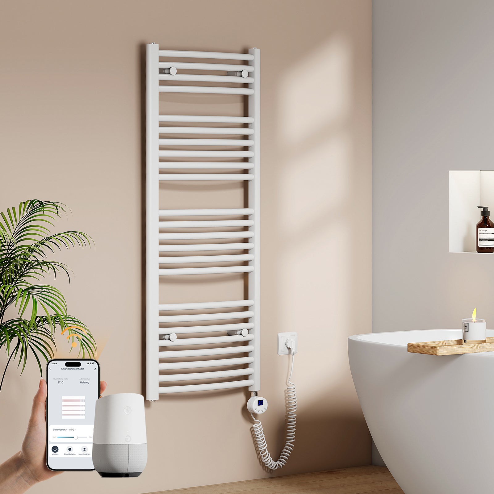 EMKE Grzejnik elektryczny łazienkowy Wygięta 120x50cm - Inteligentne Sterowanie z Programatorem Tygodniowym w Aplikacji - 500W - Biały