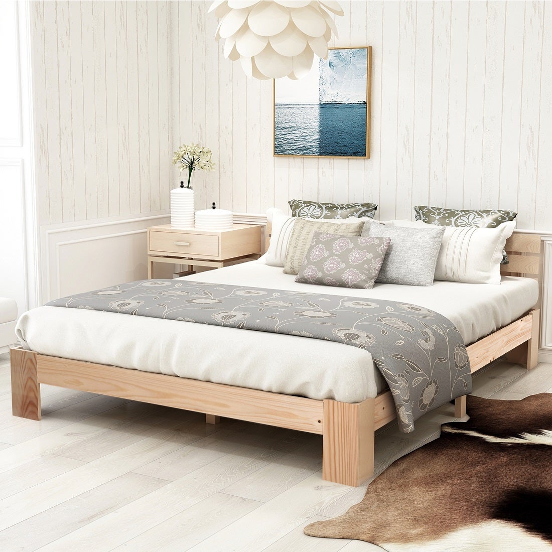 Lit adulte Lit en bois Lit double avec tête de lit en cadre de lit avec sommier à lattes-200 x 140 cm Bois massif Naturel - 2