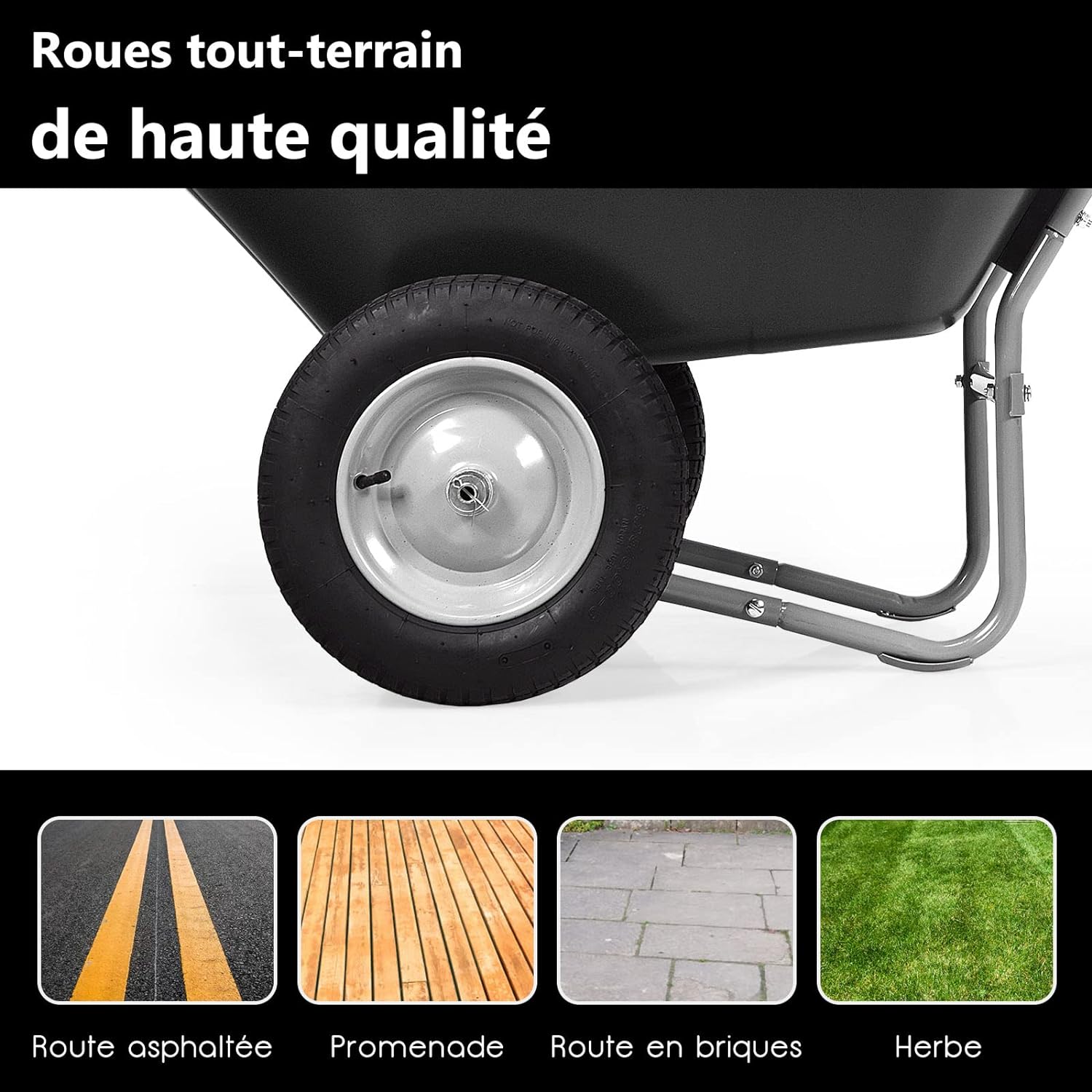 Brouette de jardin 2 roues pneus pneumatiques ø35cm 141l charge max 100kg résistante en fer noir - 7
