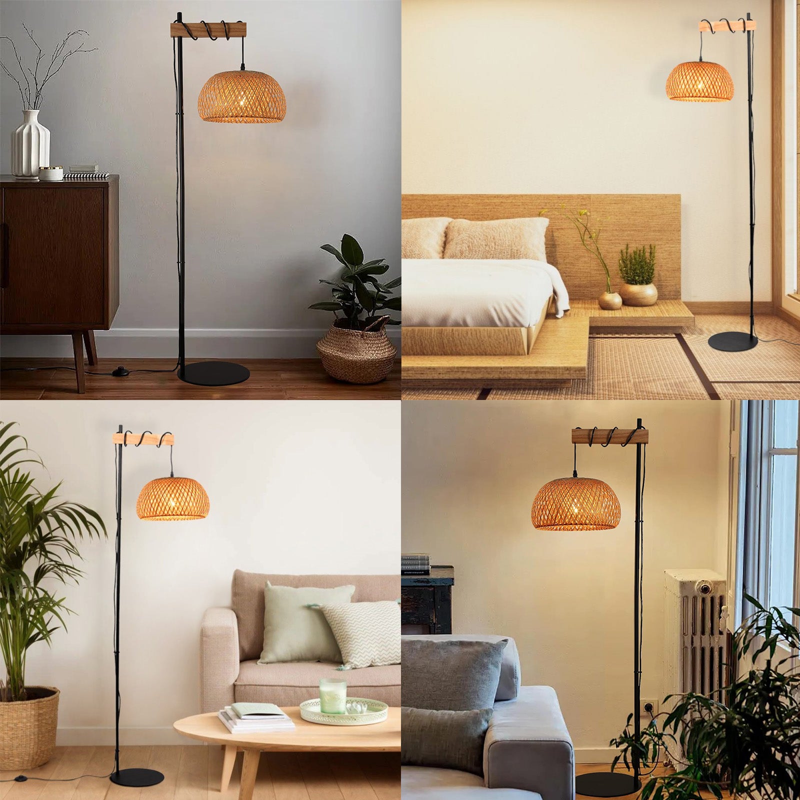 Lampe sur pied en bois et rotin avec abat-jour en bambou 