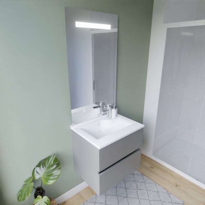 Meuble vasque ROSALY INOX 60 cm + miroir Elégance ht105- Gris- Plan vasque en Résine - 3