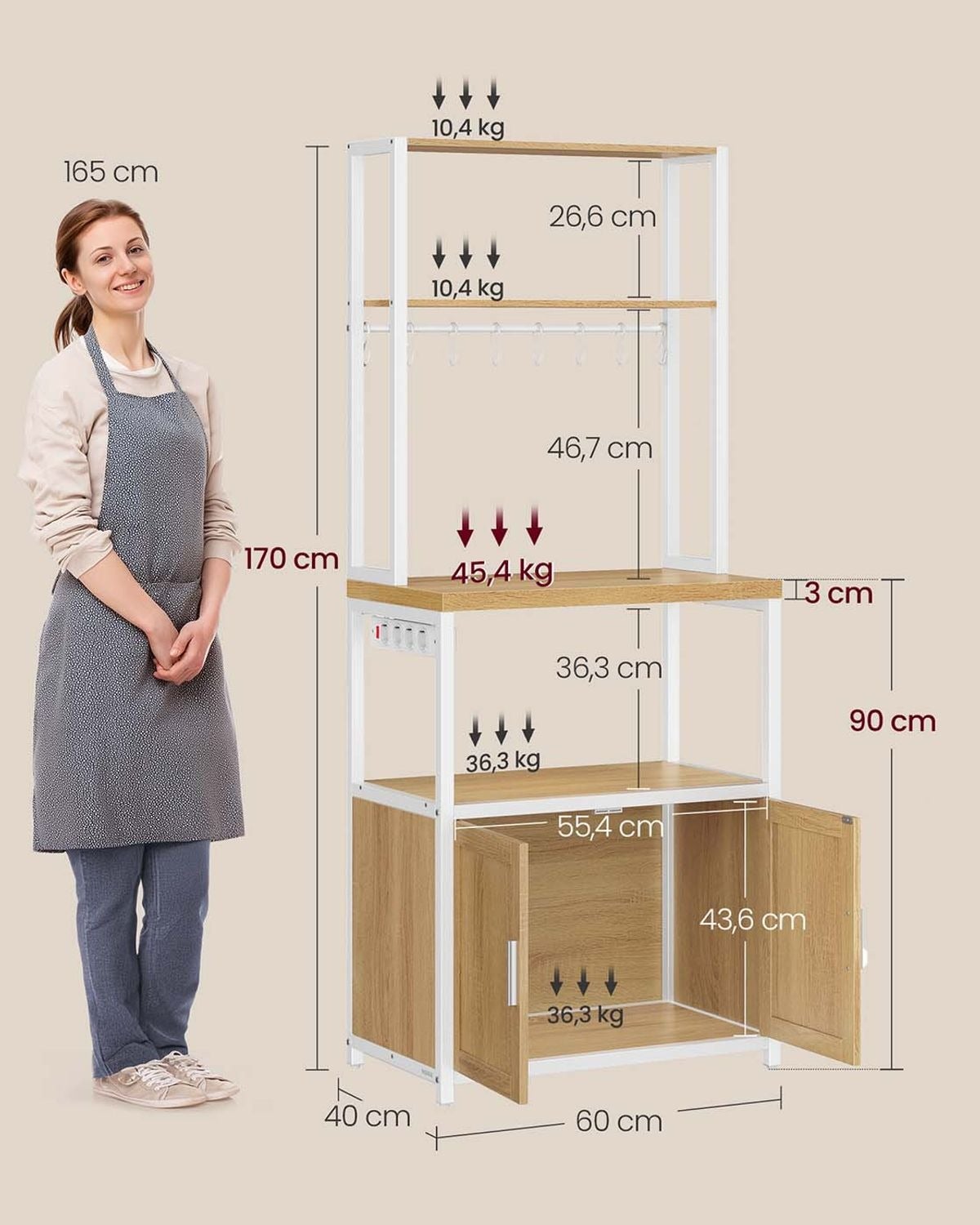 Mueble auxiliar de cocina con enchufes, estantería para microondas con ganchos, estilo industrial, color roble y blanco - 3