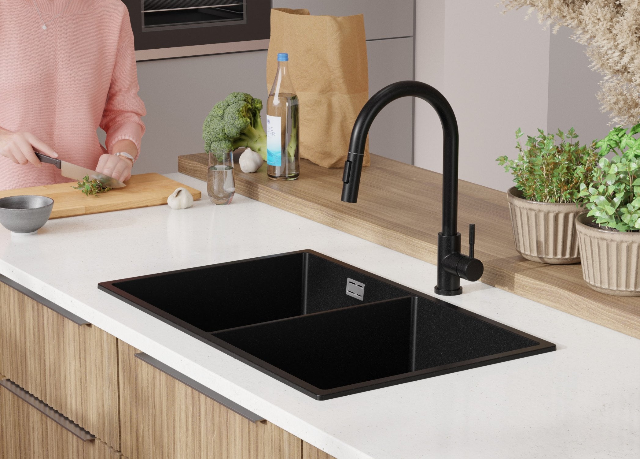 Lavandino da Cucina Nero 76x47cm, Lavello in Granito a 2 vasche + Sifone Classico + Accessori, Lavabo da Cucina Incasso al mobile 80cm PRIMAGRAN - 8