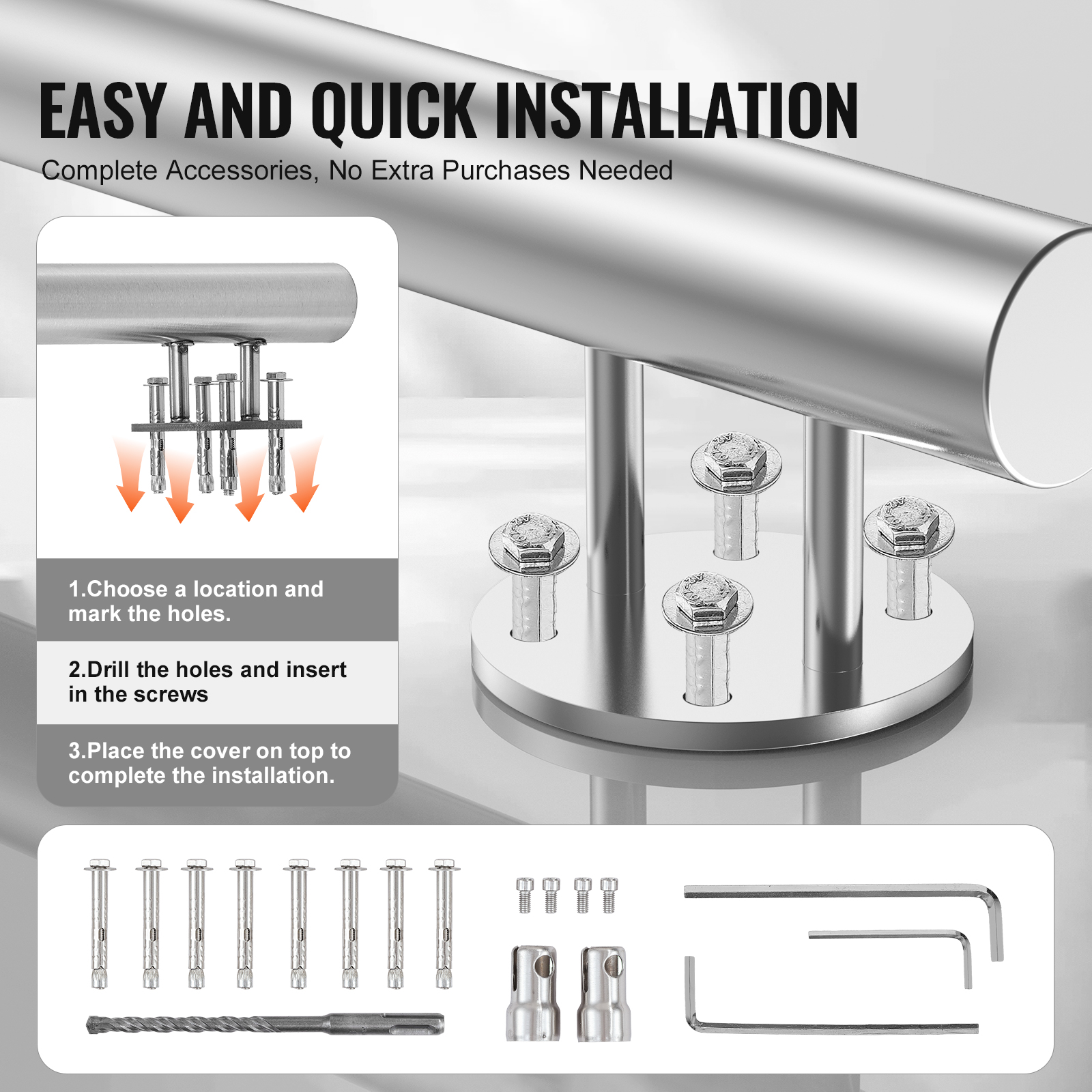 Rambardes extérieures 150 cm,SucceBuy rampes inox,installation incluse,design double colonne pour seniors. - 6