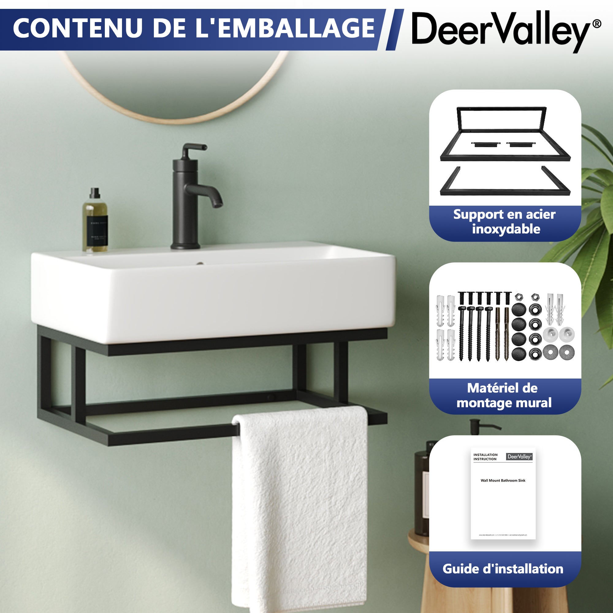 Vasque lave mains Salle de Bain - Vasque lave mains mural rectangulaire blanc mat en céramique avec porte-serviettes - Pour petit espace - DeerValley - 8