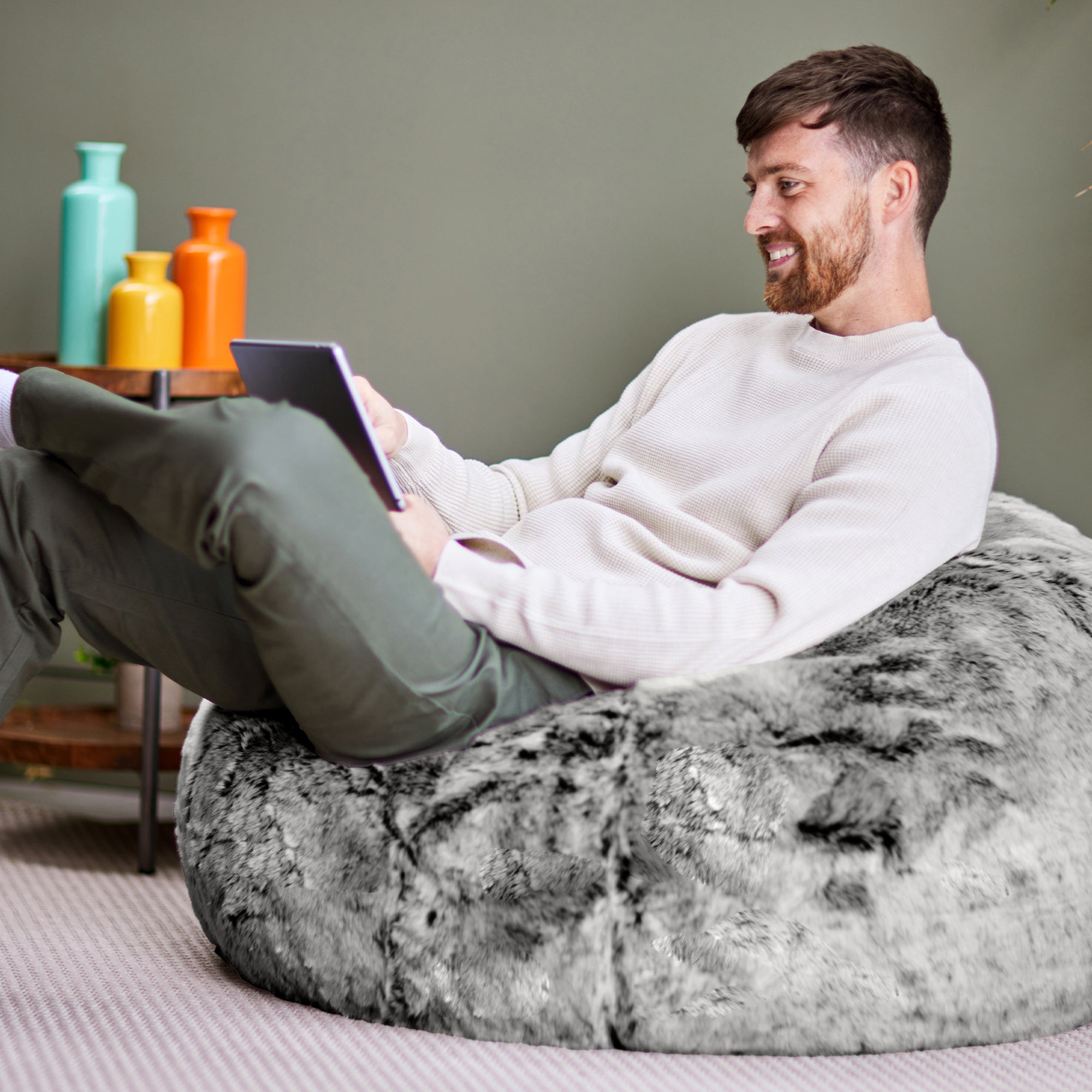 Pouf Icon fausse fourrure gris loup, salon, chambre, 85x85cm, Made in Allemagne, Oeko-Tex® - 2