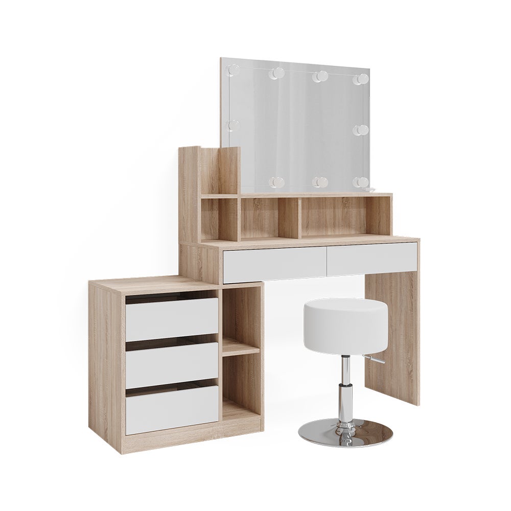 Vicco Toaletka Anja, Biały/Sonoma, 139.8 cm z oświetleniem LED i stołkiem