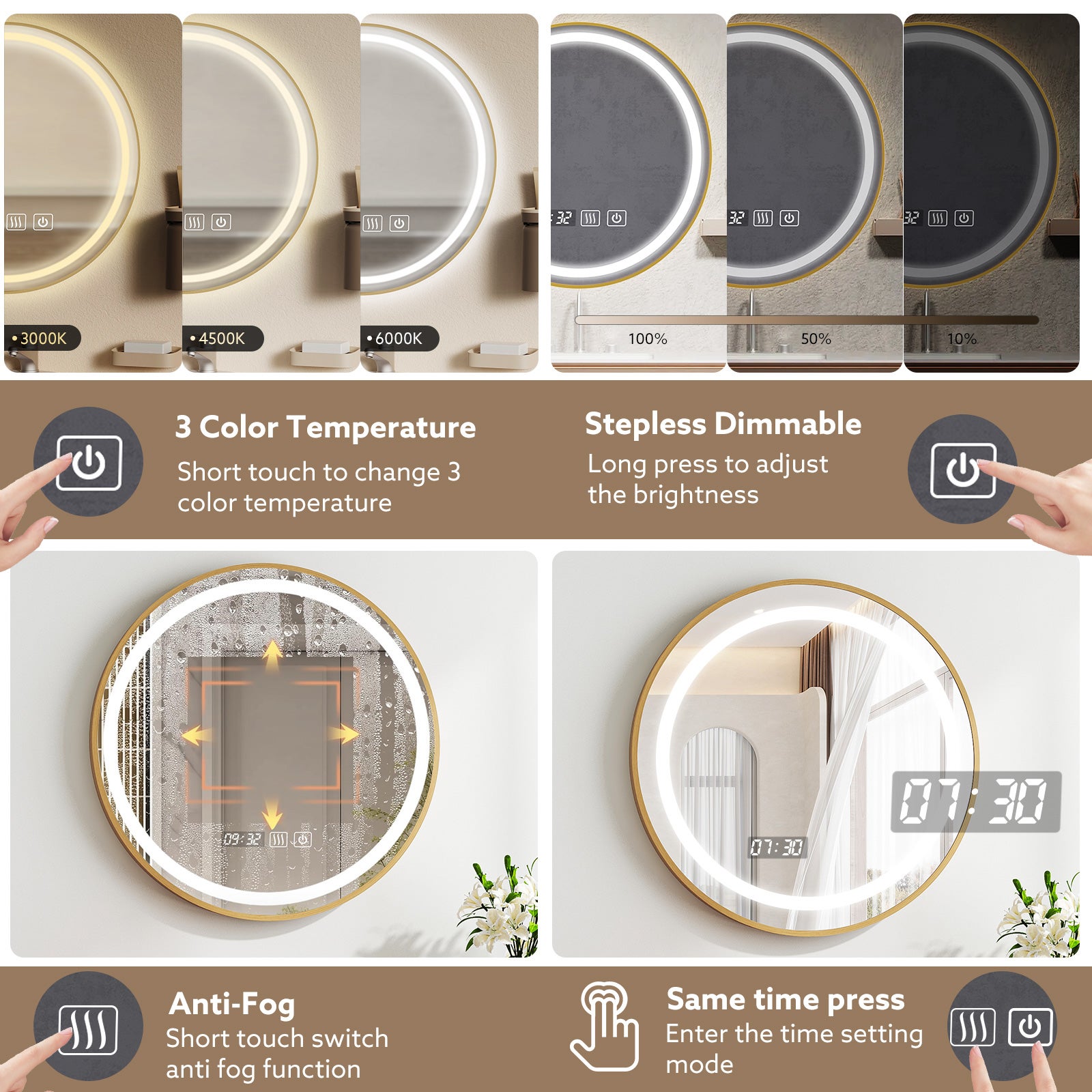 Miroir salle de bain LED 60x60cm anti buée à luminosité variable avec cadre doré - Eclairage 3 Couleurs - Miroir mural tactile à LED - 3