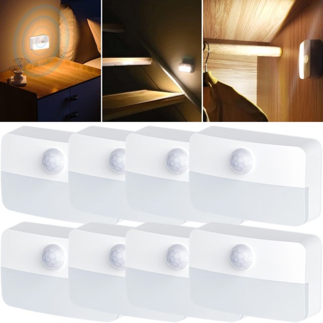 8 peças de luz LED com sensor de ligar/desligar automático, luz noturna interior, iluminação de escadas, lâmpada de corredor, branco quente