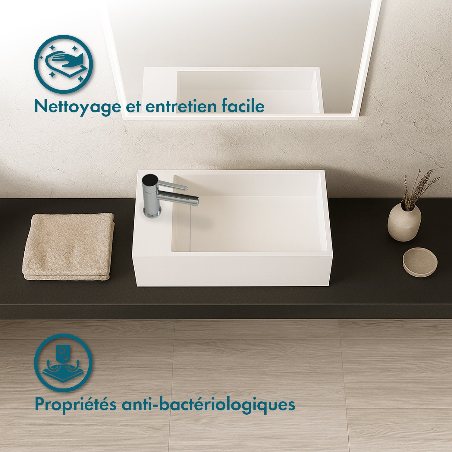 Lave-mains suspendu blanc mat MANITA G - Lavabo rectangulaire en Solid surface 35cm - 7