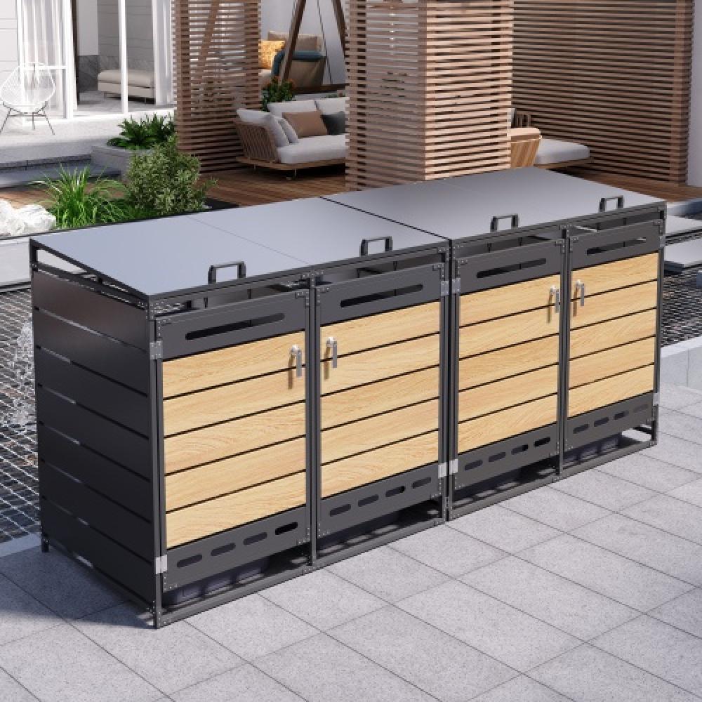 Set de 4 cubrecontenedores con jardinera, paneles madera vertical, ventilación, armario metálico con llave