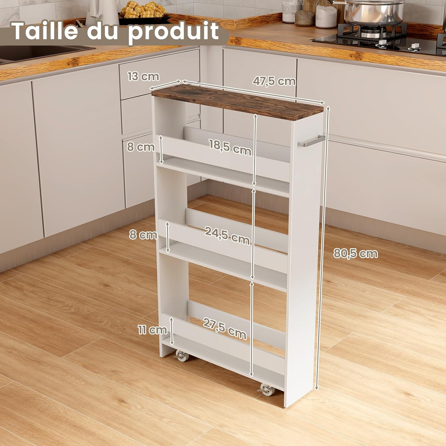 Chariot de Rangement Largeur 13 cm à roulettes, Desserte de Cuisine à 4 Niveaux, Poignée Latérale et Roues Universelles avec Freins (Blanc+ Brun) - 2