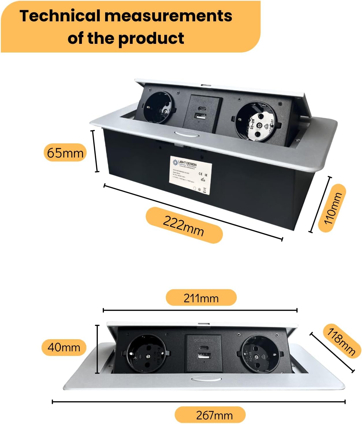 Multiprise Encastrable Escamotable avec 2 Prises SCHUKO + 2 Prises USB (A+C), Câble de 1,5 m – Pour Bureau et Table (Couleur Aluminium) - 2