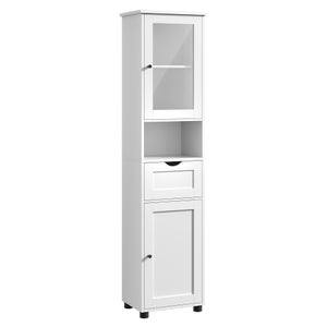 GIANTEX Armadio da Bagno a Colonna Autoportante 180 cm, con Ripiani Regolabili, Scomparti Aperti e Ante in Vetro Temperato, Mobile Portaoggetti per Soggiorno e Cucina, Bianco