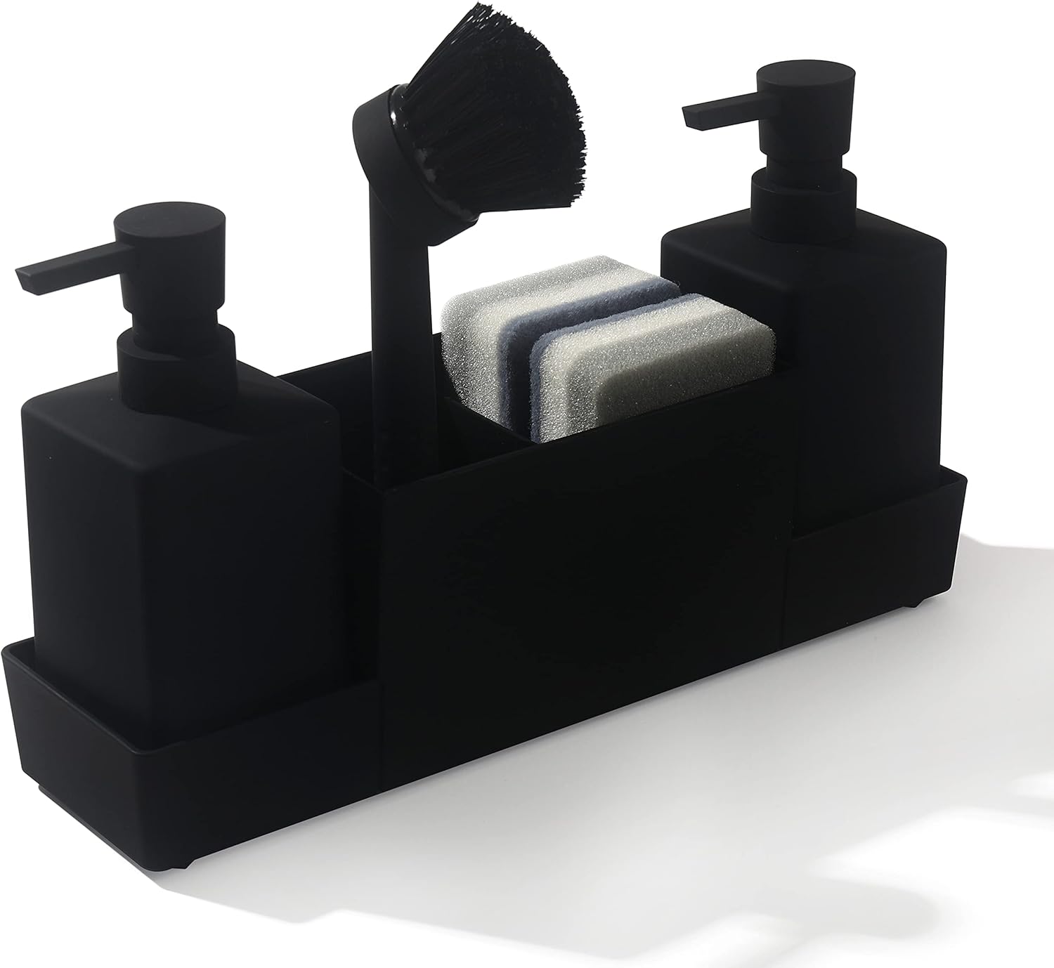 Czarny dozownik do mydła kuchennego z uchwytem na gąbkę do zlewu, dozownik płynu do naczyń, dozownik płynu do naczyń 4 w 1 do e