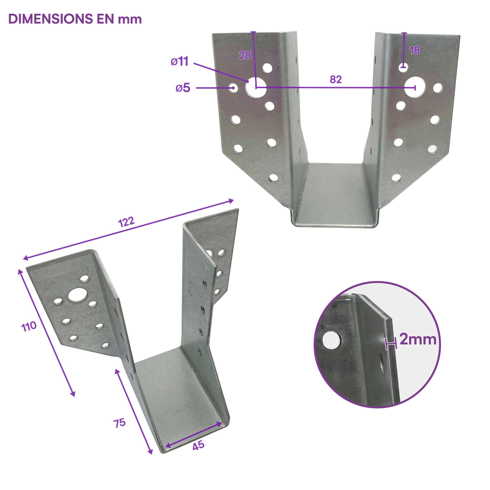 10 sabots de charpente à ailes extérieures - Connecteurs de poutres - Acier galvanisé - Larg 45 x Ht 110 mm - Fabriqué en Europe - 2