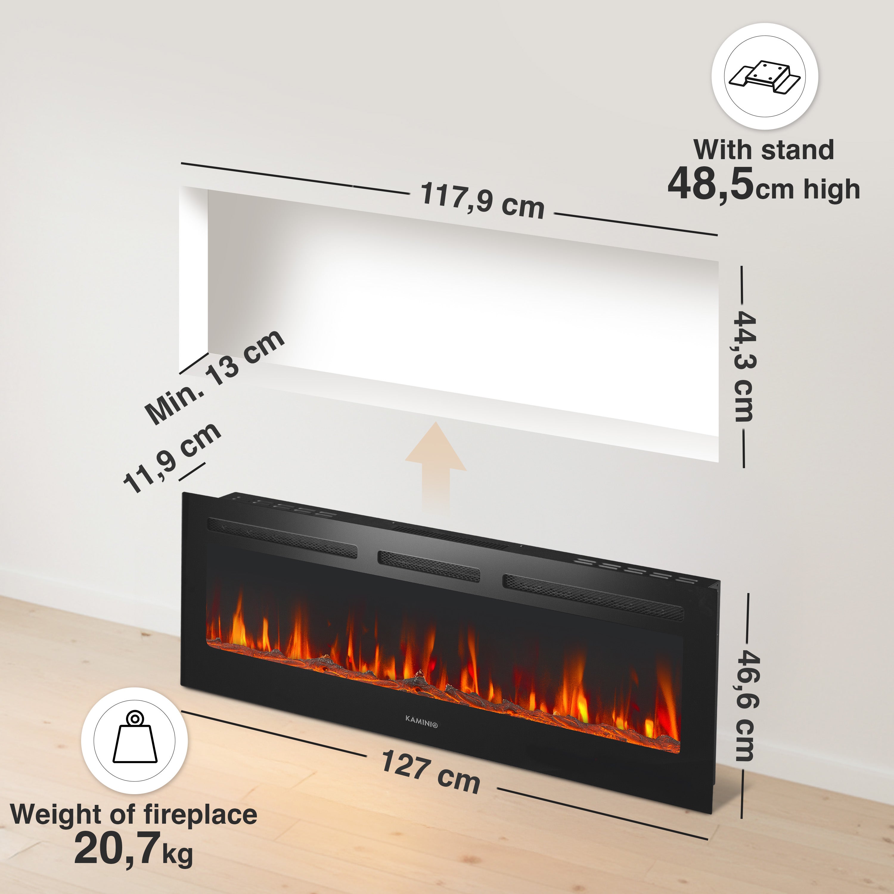KAMINIO Chimenea eléctrica MARLON - Chimenea eléctrica 3 en 1 con calentador, efecto de llama 3D, 12 colores de llama, control remoto - 50 pulgadas - 6
