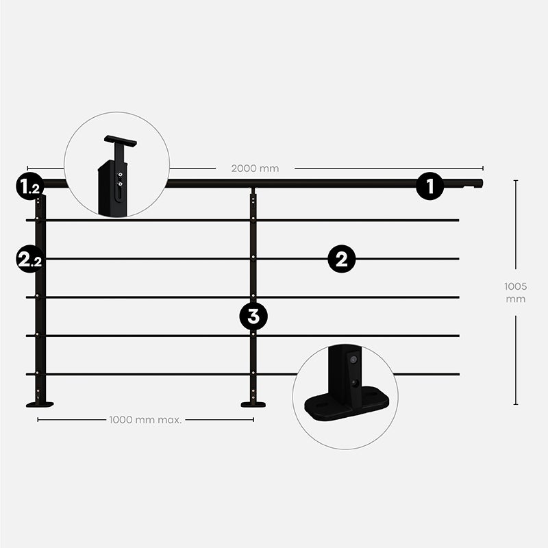 Kit garde-corps aluminium noir 2m pose à plat, Initio KORDO - 3