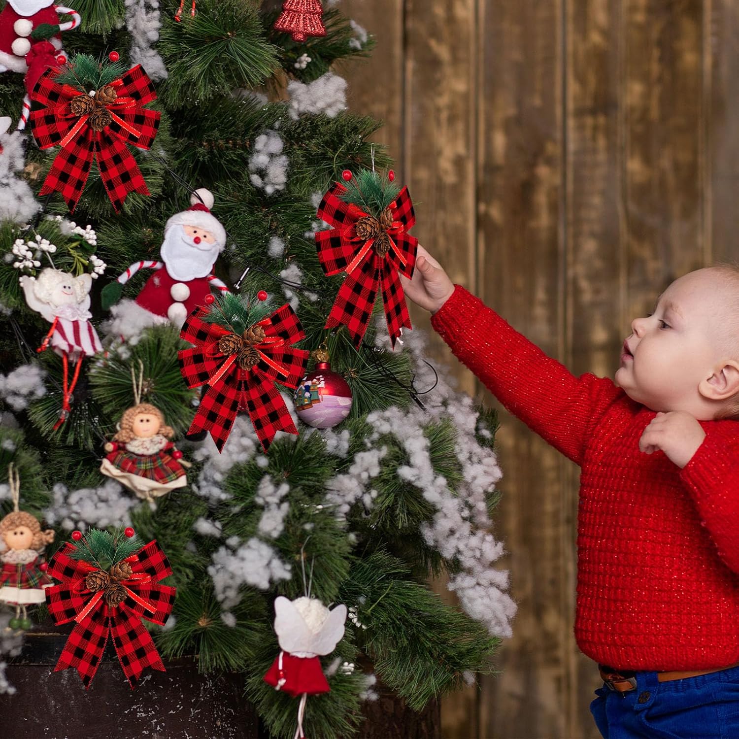 Confezione da 6 fiocchi natalizi con pigne decorative per albero di Natale (nero e rosso) - 4
