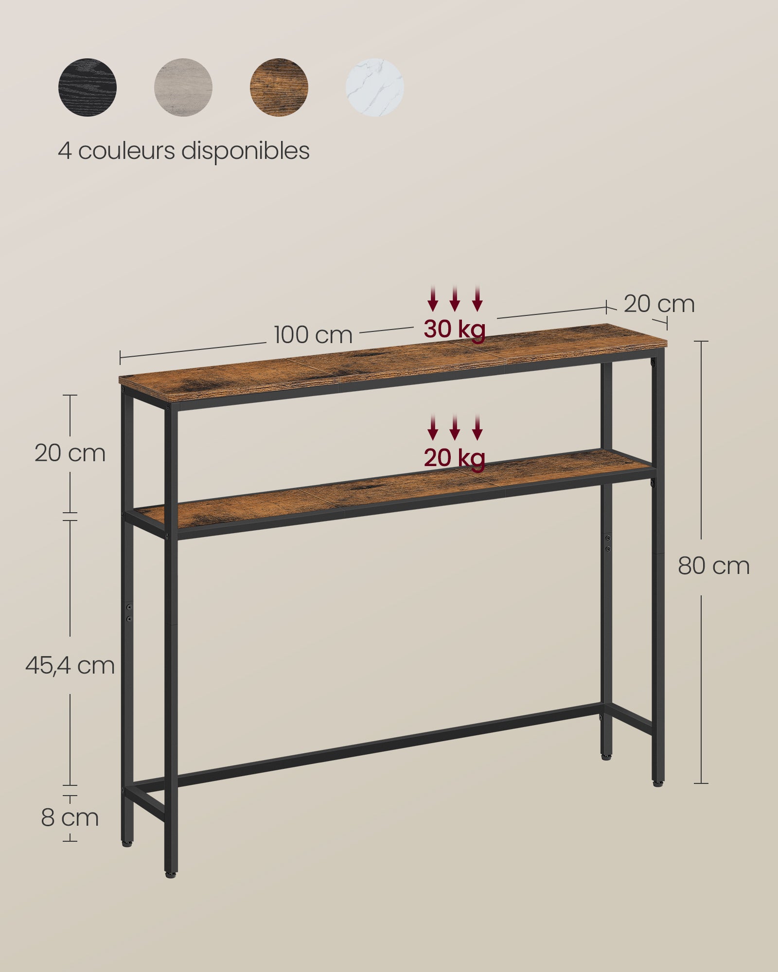 Console pour Couloir, Table de Salon Fine à 2 Niveaux, 20 x 100 x 80 cm, Table d’Appoint avec 2 Étagères, Marron Rustique et Noir d'Encre - 5