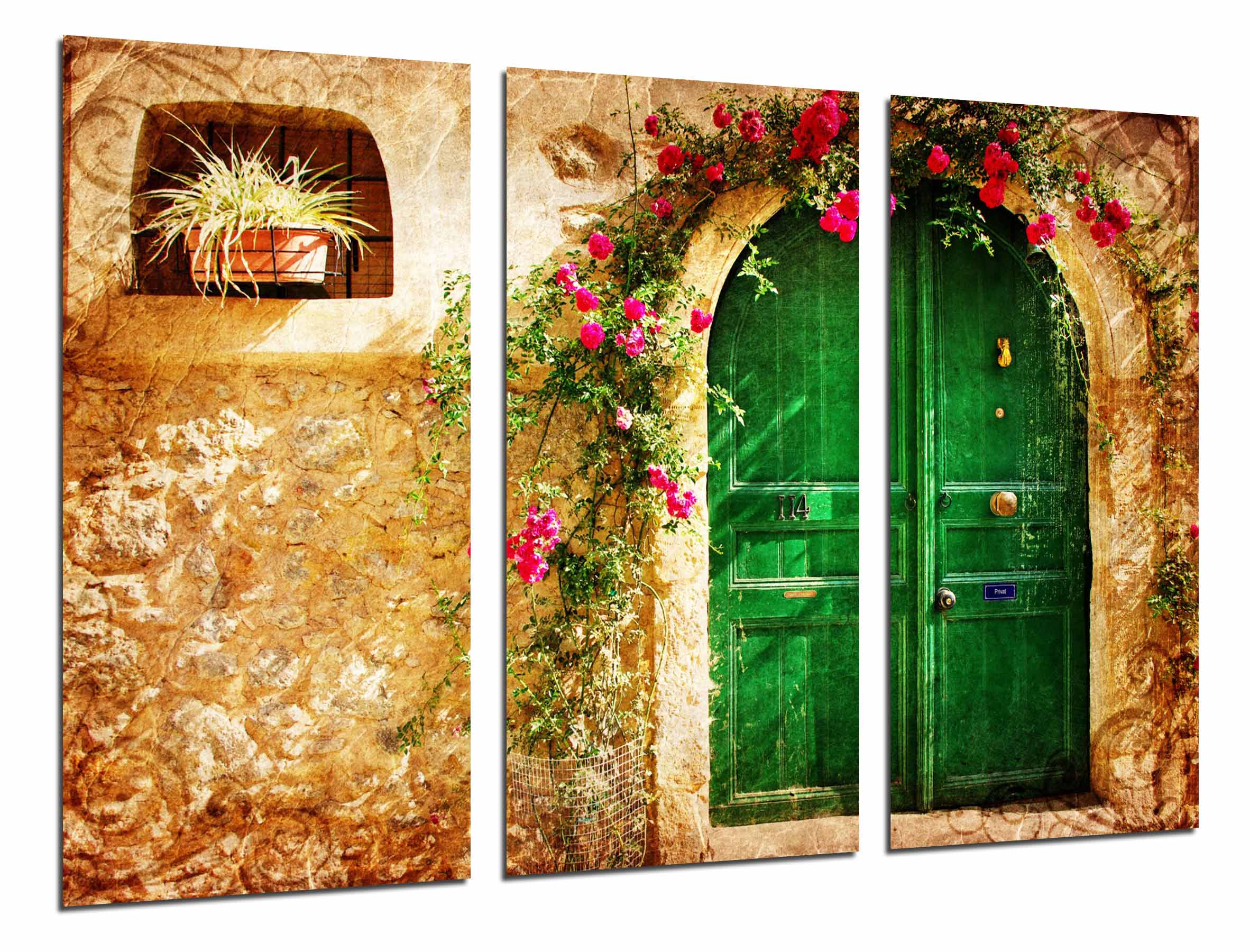 Casa fantasia, puerta verde con flores, impresión fotográfica sobre madera, cuadro moderno decorativo