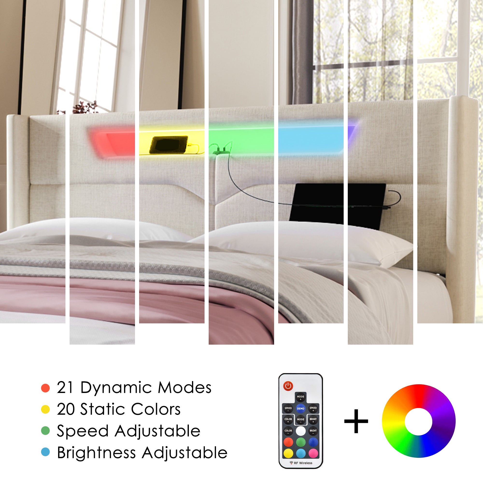 Cama contenedor para adultos 140 x 200 cm con cabecero - USB + Tipo C + LED - tejido de lino - beige - 8
