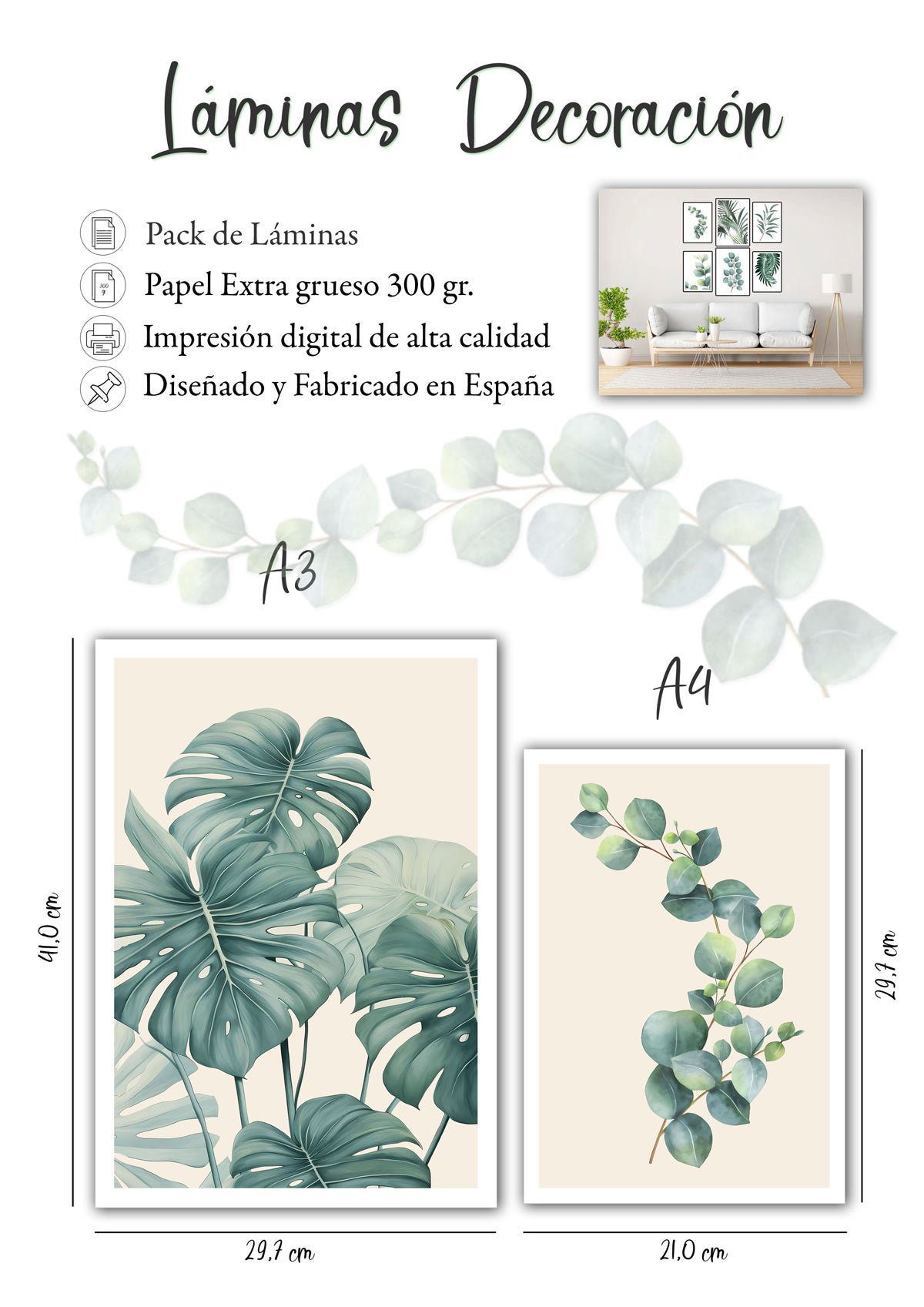 Lot de 6 tableaux décoratifs muraux A3, salon, chambre, nature et animaux (41 x 29,7 cm) - 4