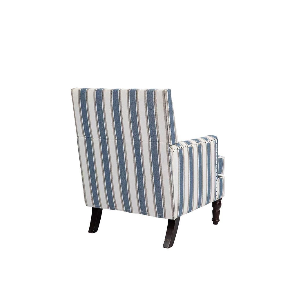Chaise d'appoint rembourrée vintage tissu lin rayé bleu blanc bordure clous salon - 4