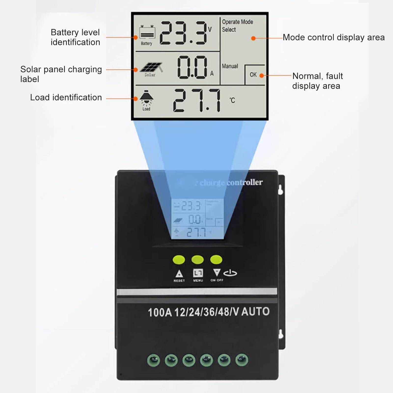 Controlador de carga solar 100A 12-48V com duas portas USB e display LCD retroiluminado – ComfortXL - 4