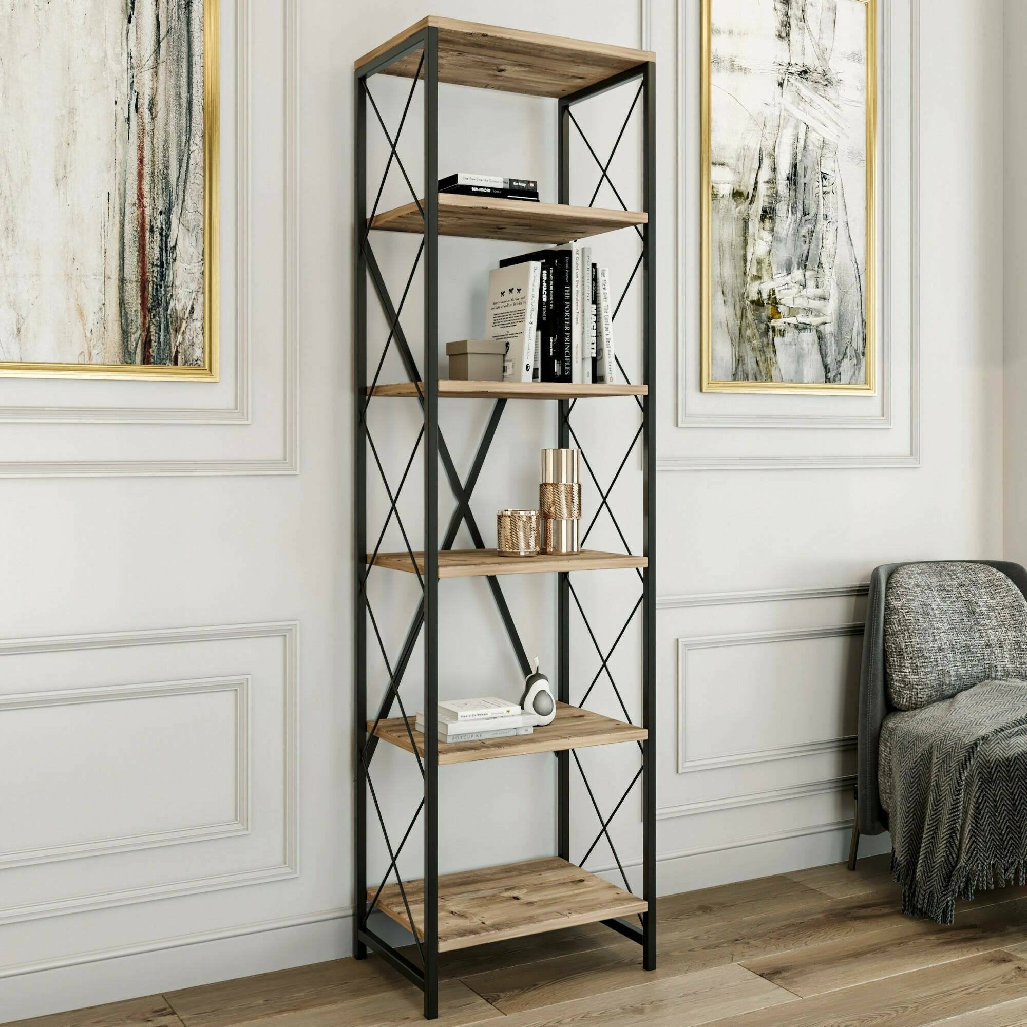 Libreria Yildun, Scaffale da ufficio, Mobile portalibri, Biblioteca, 50x30h180 cm, Quercia e Nero - 2