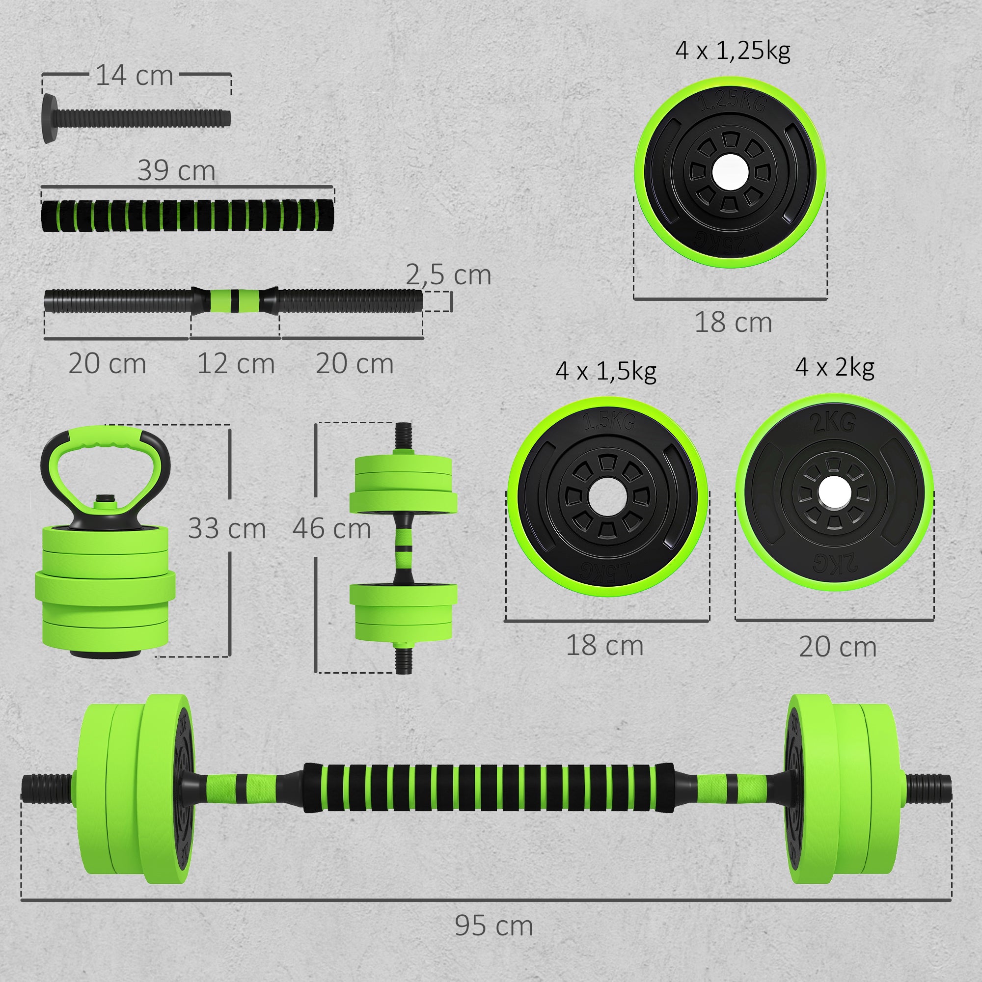 Conjunto Halteres 20kg 4 em 1 Kettlebell Barra Pesos Treino Casa Verde - 2