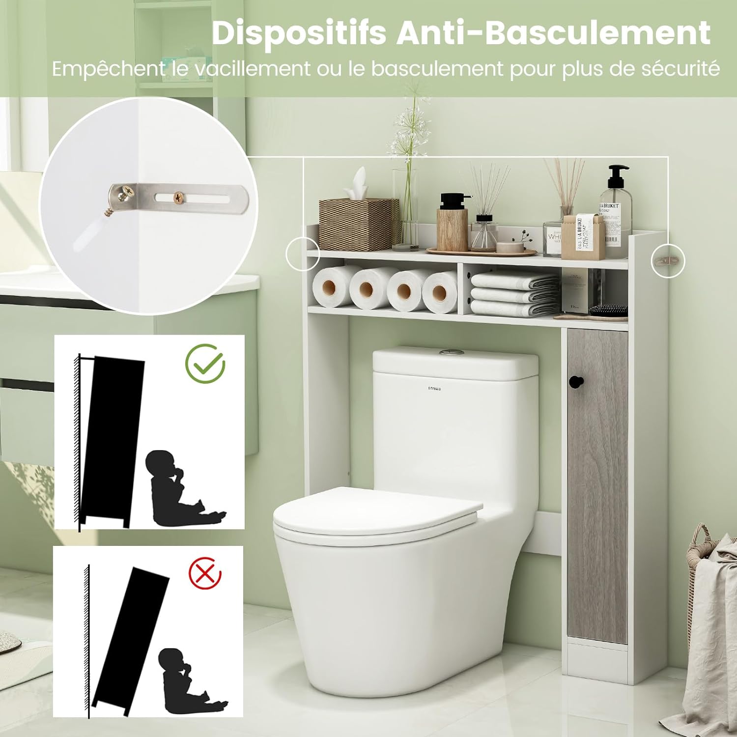 Mobiletto da Bagno Sopra WC, Organizzatore da Bagno con Ripiani Regolabili Anta Singola e Ripiani Aperti, Ideale per Bagno Lavanderia, 88x18x1 - 4