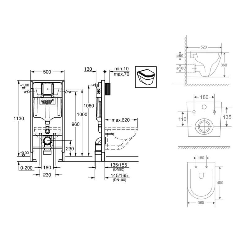 Pack WC Bâti-support + WC sans bride SAT Fusion + Abattant softclose + Plaque Chrome - 5