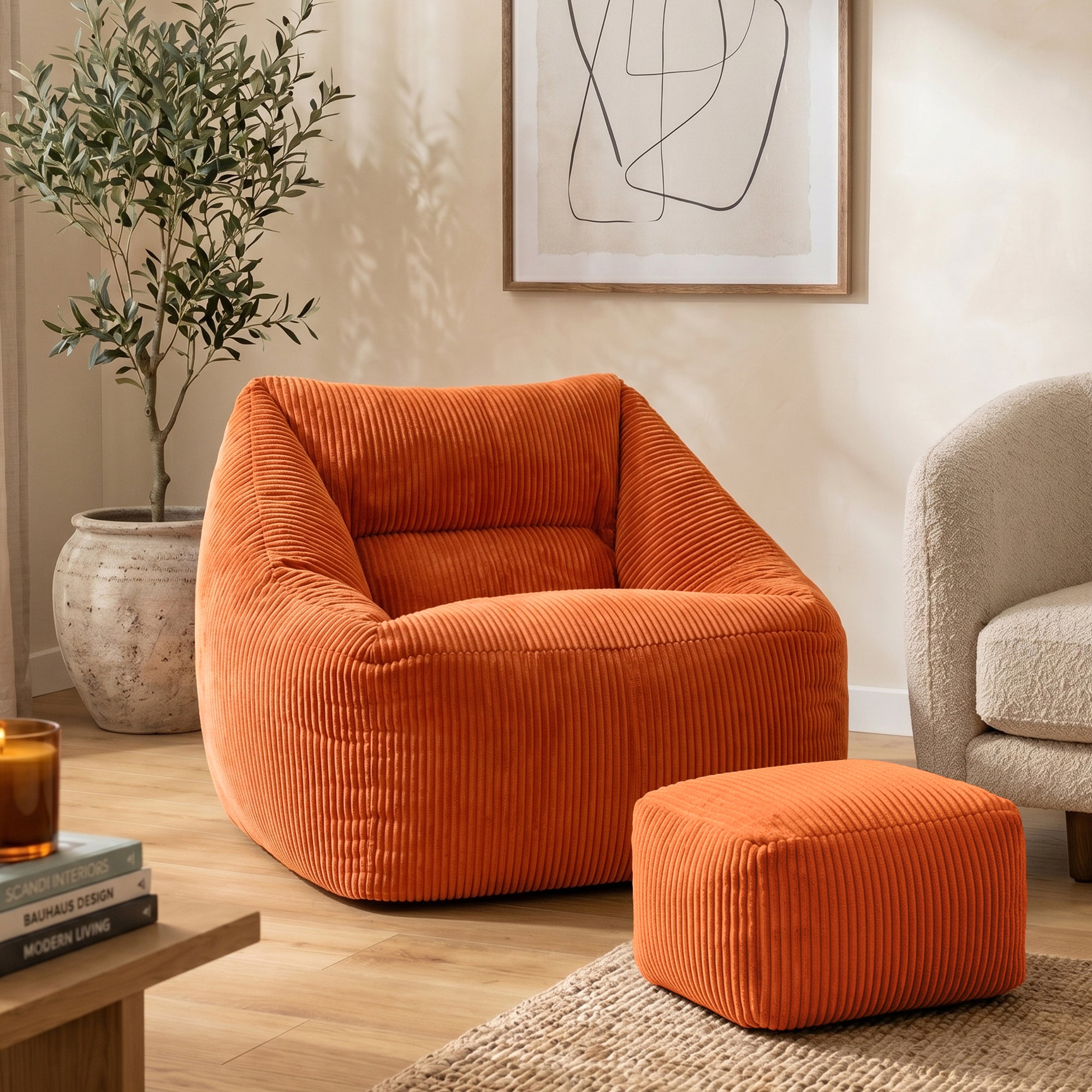 Pouf fauteuil salon avec repose-pied carré Icon velours côtelé orange 97x84cm Oeko-Tex® - 2