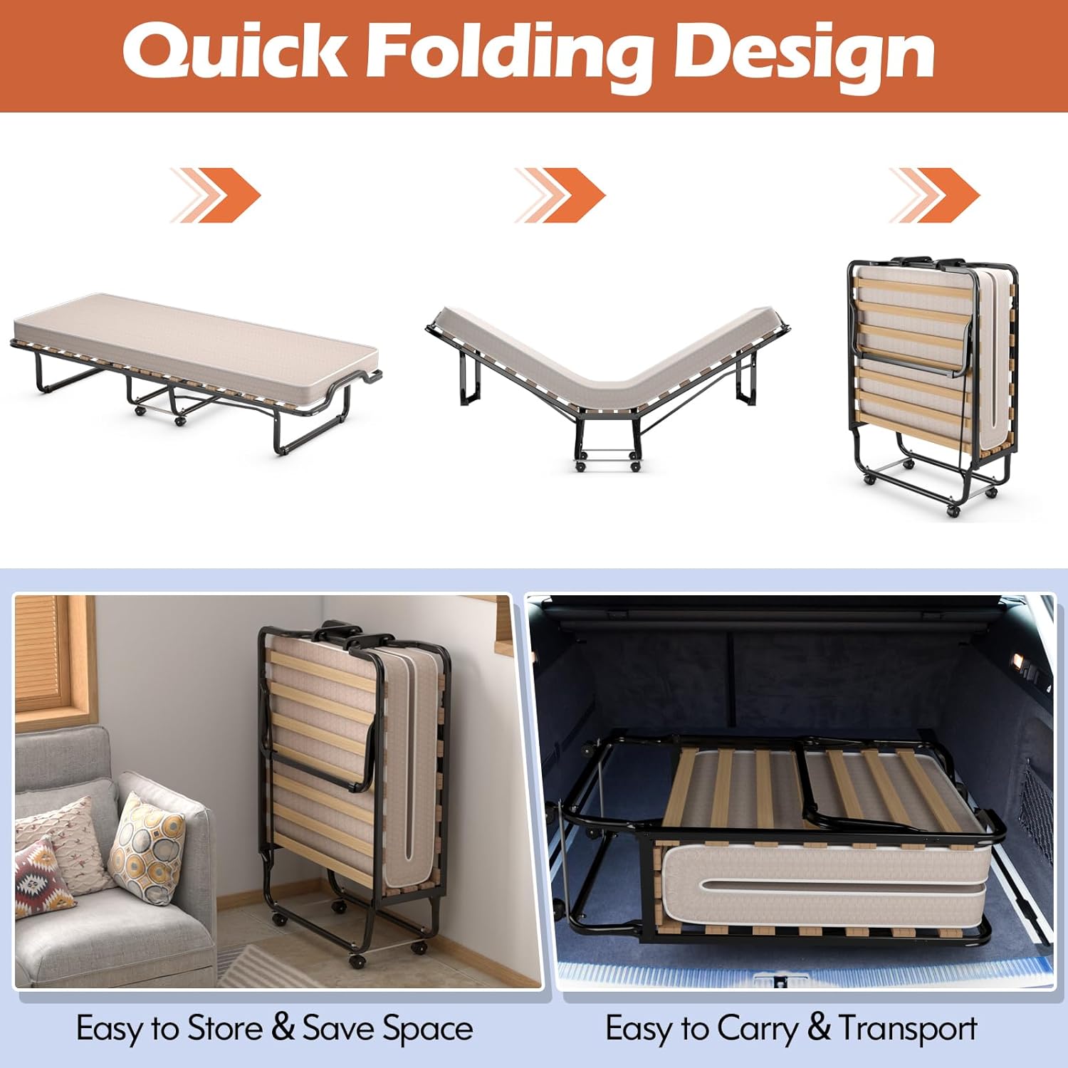 Lit d’Appoint Pliable 200x80cm avec Matelas en Mémoire 10 cm pour 1 Personne, Lit Pliant à roulettes Charge 120kg Fabriqué en Italie - 7
