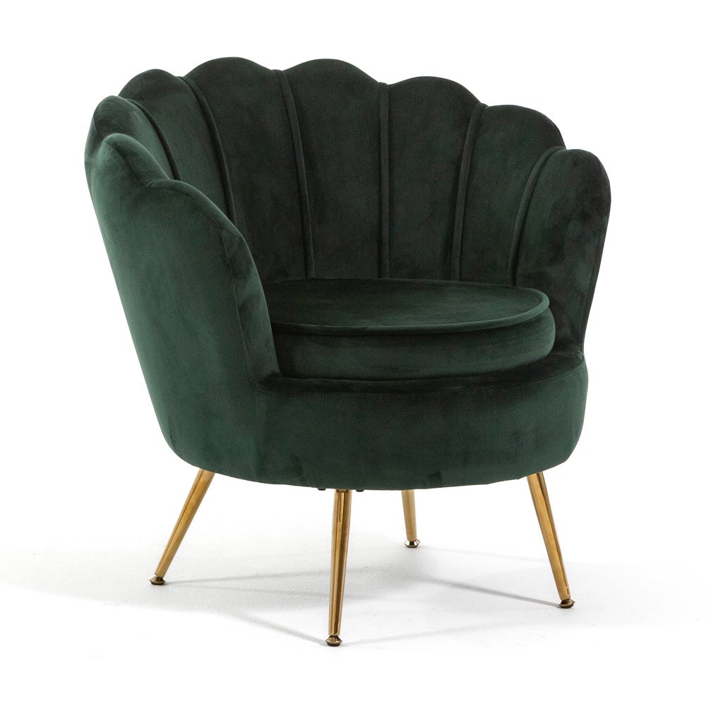 Sillón perla acolchado con respaldo en forma de concha, para sala de estar y dormitorio, en terciopelo verde oscuro con patas cromadas oro