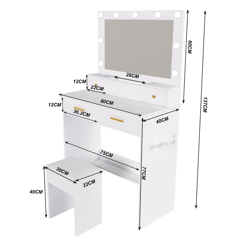 Tavolo Trucco con LED 3 Modalità, 4 Cassetti, Sgabello Incluso, Presa E Supporto Phon – Make-up e Styling - 4