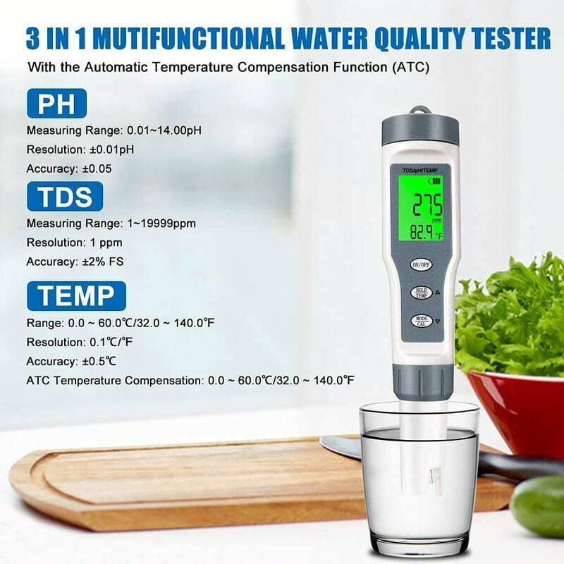 Testeur PH Mètre, Testeur PH Piscine électronique 3-en-1, TDS Mètre Température, Testeur de qualité de l'eau avec écran LCD et Précision de Lecture, - 2