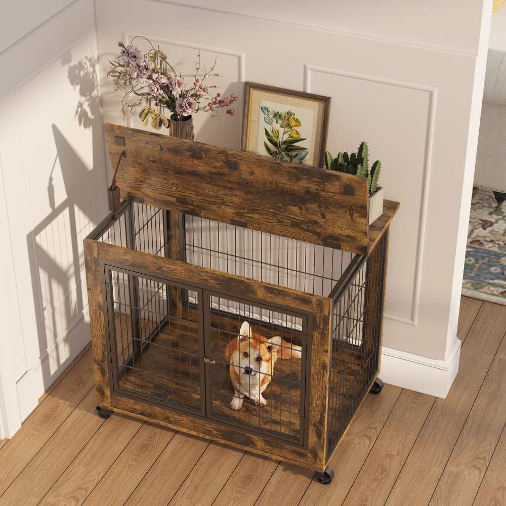 Caixa para Cão Estilo Móvel, Nicho Interior com Dupla Porta, Tampa Abrir e Rodas para Fácil Mobilidade 80x56x69.5cm - 4