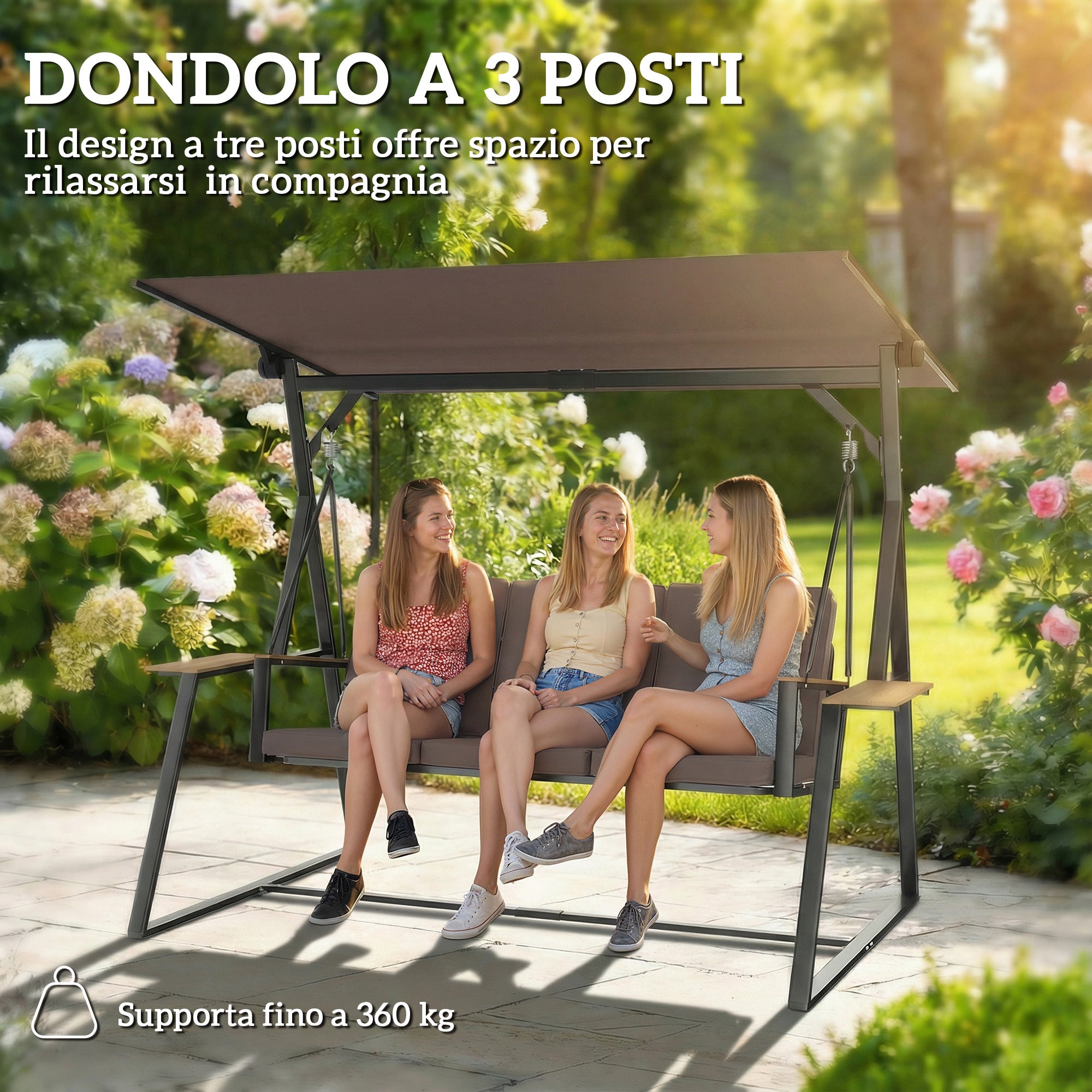 Balancelle de jardin 3 places en métal avec auvent réglable, coussins rembourrés, 360 kg, 222x131x175 cm, marron - 6