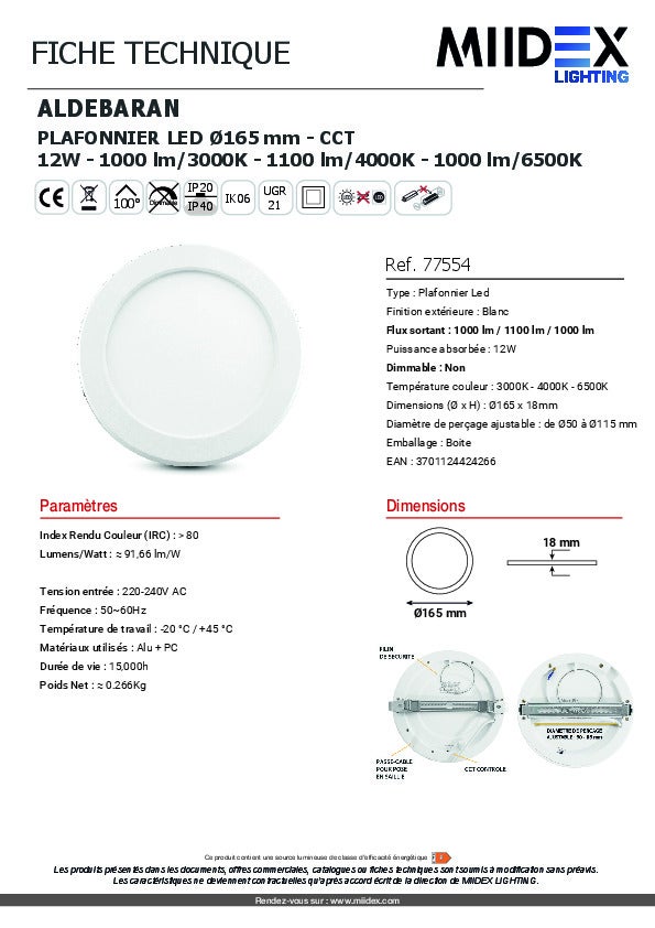 Downlight LED Rond - 170mm - 12W CCT - Blanc - Encastrable/Surface - 8