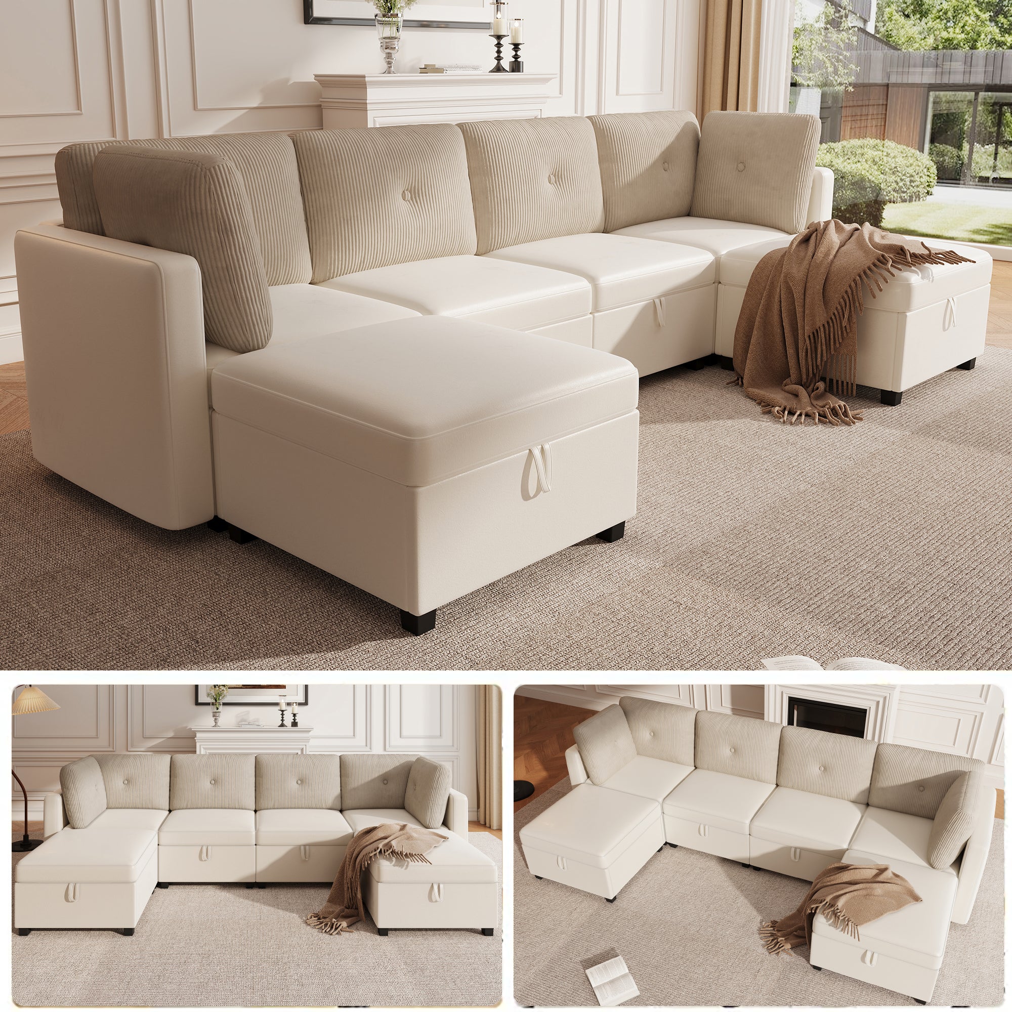 Narożnik modułowy 4-osobowy ze schowkiem - 261 x 132,5 x 85 cm - Aksamit i sztruks - Beżowy